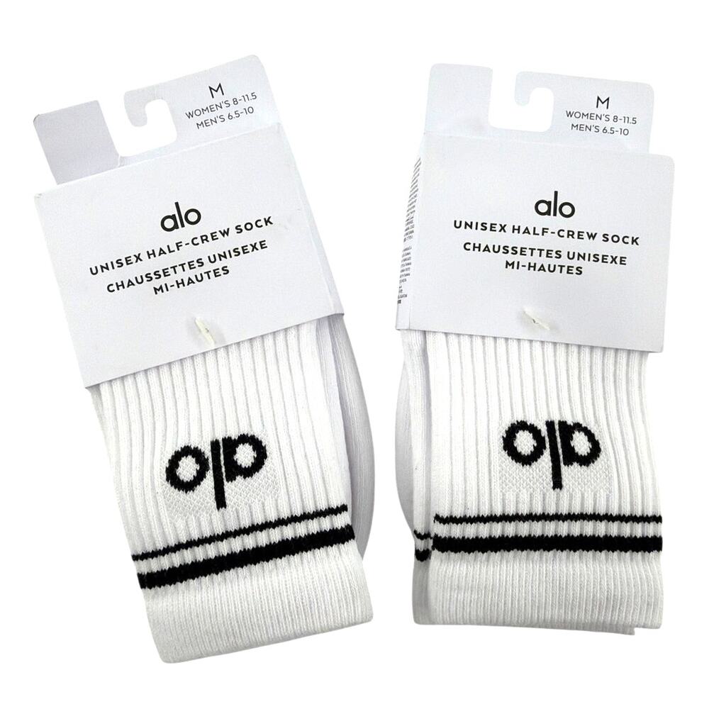 Alo Yoga 2-Pair White Black Half-Crew Throwback Socks Size M W 8-11.5 / M 6.5-10